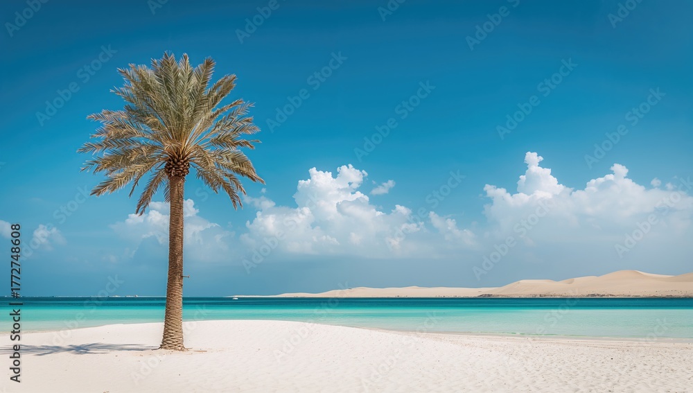Fototapeta premium Desert palm tree under a bright blue sky, evoking a sense of summer relaxation, beach vacation