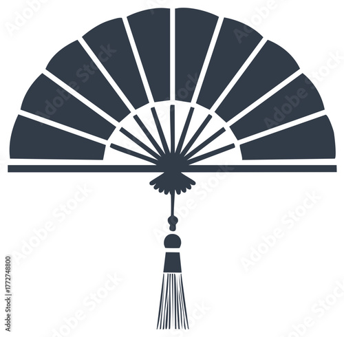 Decorative Asian fan with tassel in a minimalist dark blue silhouette