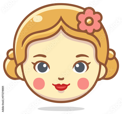 A cute cartoon girl's head with blonde hair, pink flower, rosy cheeks, and bright blue eyes illustration