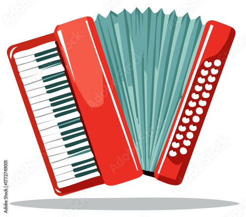 Vibrant red and teal accordion musical instrument with piano keys and bass buttons