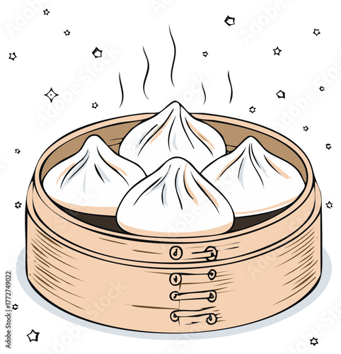 Delicious cartoon illustration of hot steaming Chinese dumplings in a traditional bamboo steamer basket