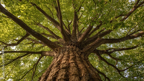 Large tree viewed from underneath displaying its textured bark and lush green foliage, showcasing seasonal change