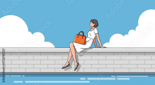 Contemplative Afternoon: A woman relishing a serene moment by the waterfront with cloudy skies