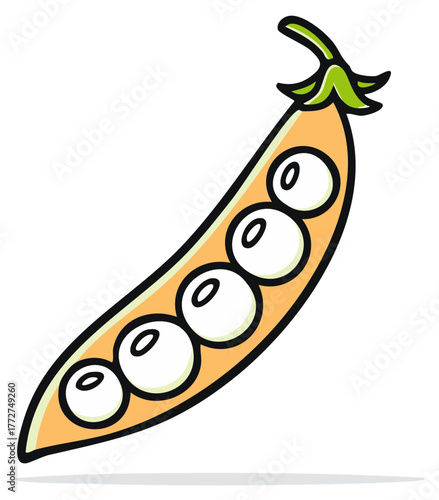 Cartoon illustration of a pea pod with peas inside. Isolated object on white.