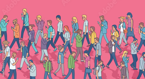 Diverse crowd engrossed in smartphones walks in unison against vibrant backdrop illustration