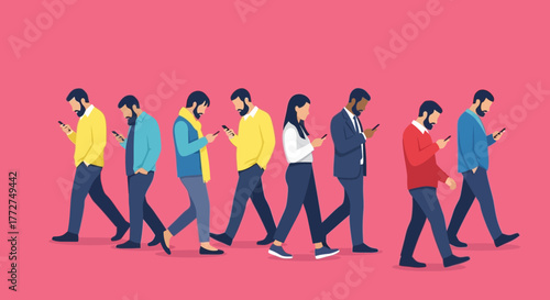 Illustration showcasing diverse individuals engrossed in smartphones while walking in unison on