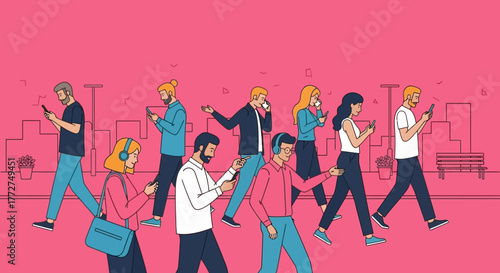 Diverse pedestrian group engrossed in mobile phones strolling through an urban landscape showing