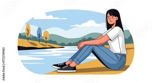 Relaxed woman enjoying peaceful lakeside scene in illustrative style composition illustration