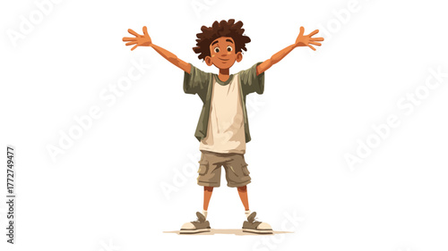 Cheerful African American Boy Standing with Open Arms Vector Illustration