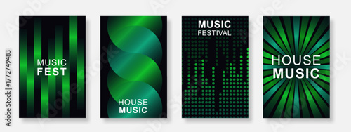 Modern green gradient music poster background illustration set. Minimalist cover template with geometric shape design. Suitable for flyer, club, festival, party, social media, banner. Vector