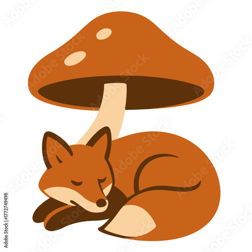 Vector illustration of sleeping fox under big mushroom, cozy autumn forest design