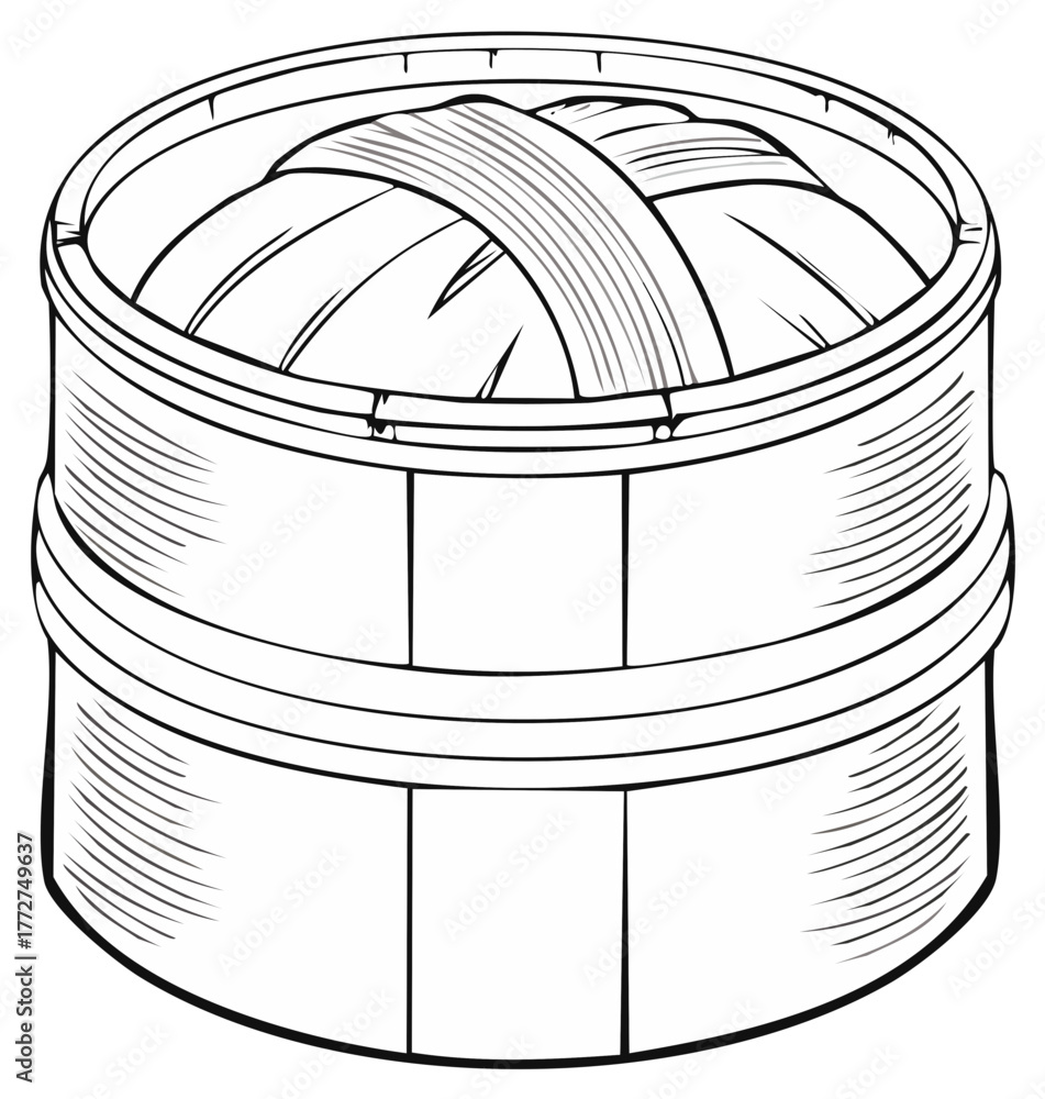 Obraz premium Outline Illustration of a Round Woven Steam Basket with Closed Lid Black and White Line Art
