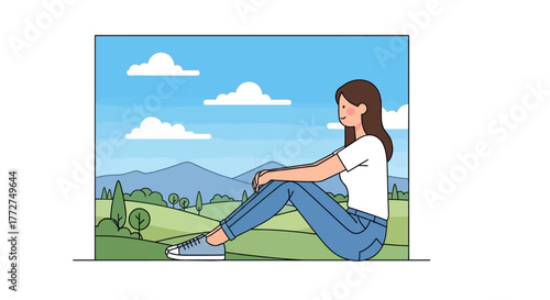 Girl contemplates serene landscape, embracing nature's calm against a picturesque backdrop