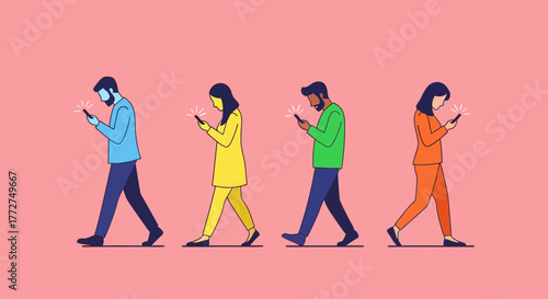 Pedestrians engrossed in mobile phones, a modern illustration of digital lifestyle and social
