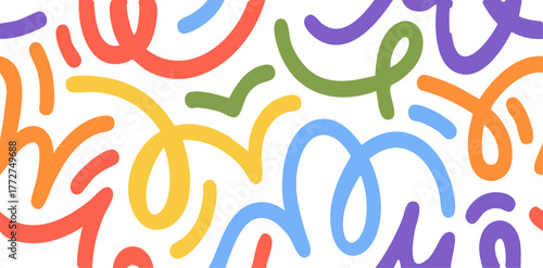 colorful seamless abstract scribble swirl lines pattern: vibrant retro memphis style minimal doodle background