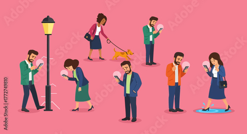 Conceptual depiction of diverse individuals engrossed in smartphones, illustrating social