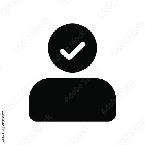 User icon with checkmark in black and white illustration on white background
