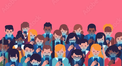 Crowd engrossed in smartphones reflecting a digital age phenomenon of ubiquitous connectivity