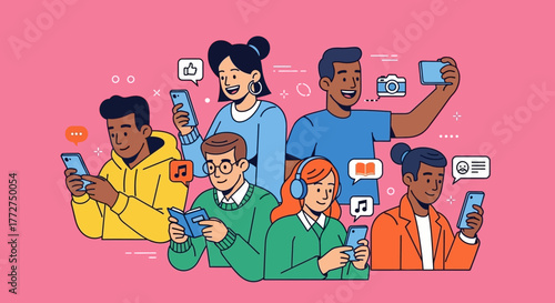 Diverse group of young people engaging with technology and social interaction concept