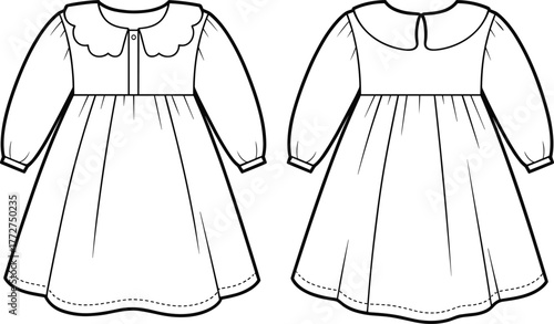 Vector, fashion, illustration, women's, dress, front, back, view, scalloped, collar, button, placket, gathered, waist, puff, sleeve, keyhole, opening, technical, drawing, design