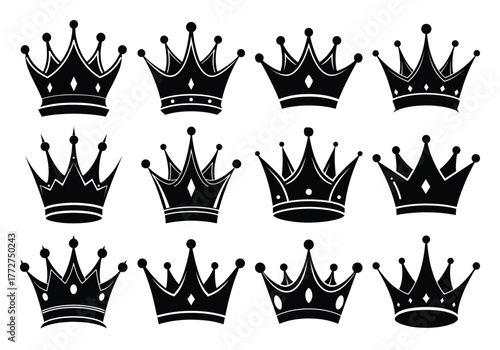 Collection of twelve ornate black royal crowns in a grid on a white background symbolizing power and royalty