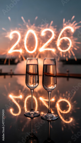 Champagne Celebration Toast for 2026 New Year Party with Fireworks and Sparkler Reflections