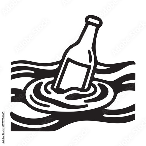 Black and White Outline Bottle Floating in Water, A Message Lost at Sea.