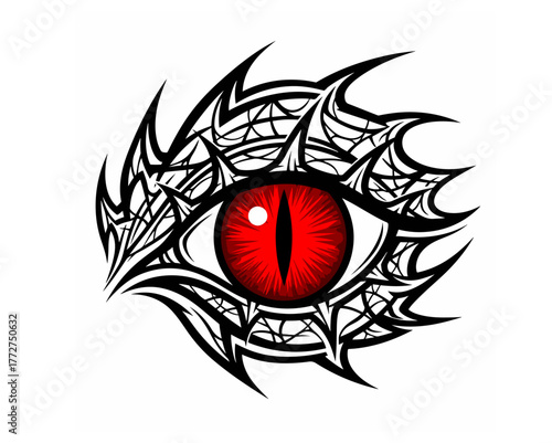 A striking fantasy illustration of a vivid red dragon's eye, featuring a sharp vertical pupil and framed by complex black tribal spikes and web-like designs