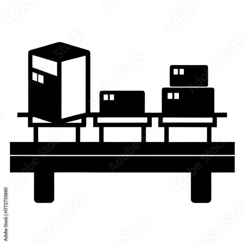 Industrial conveyor belt with boxes and tower silhouette