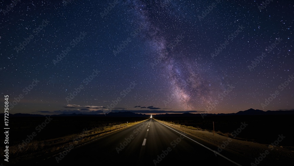 Naklejka premium Desert road illuminated by stars at night, evoking solitude