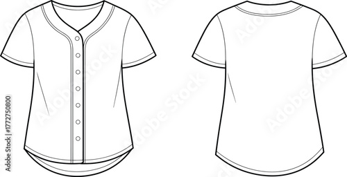 Baseball shirt technical drawing, front and back view, button-down jersey, V-neck collar, short sleeve, curved hem, apparel layout