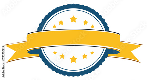 Blank award badge with yellow ribbon and stars, vector illustration for quality guarantee seal or logo