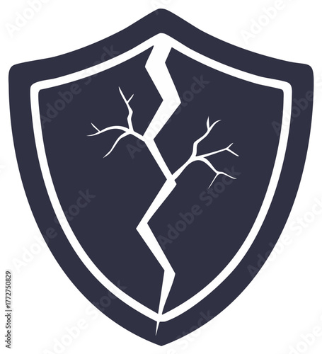 Broken Shield Icon with a Crack Symbolizing Vulnerability and Lack of Protection