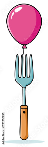 Conceptual illustration of fragility and risk with a pink balloon balanced on a fork
