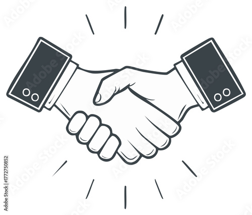 Two business people shaking hands in agreement with radiating lines symbolizing success