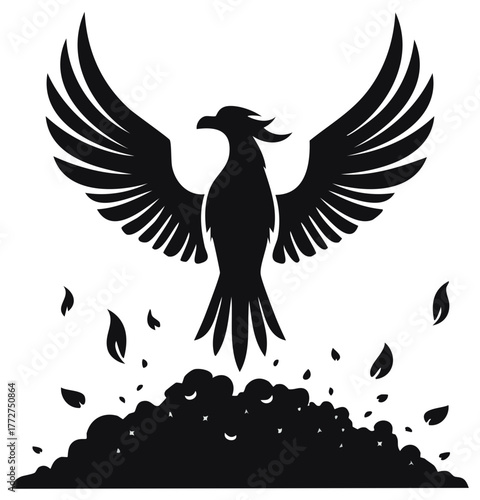Mythical phoenix bird rising from ashes vector silhouette icon. Symbol of rebirth and new beginnings.