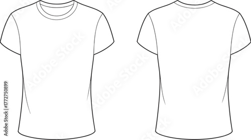 Blank T-shirt sketch, front and back view, short sleeve, round neckline, fashion template, apparel layout, garment design, silhouette