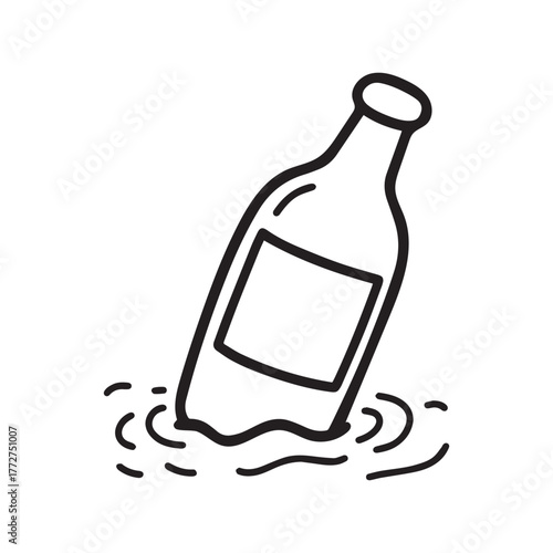 Black and White Outline Bottle Floating in Water, A Message Lost at Sea.