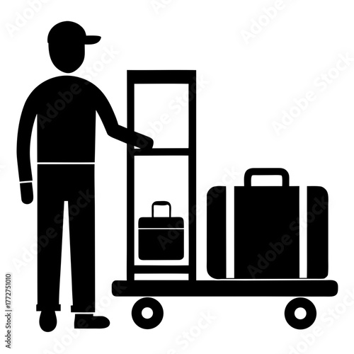 Man with luggage cart and suitcases silhouette