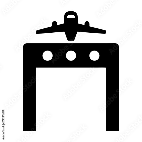 Airplane silhouette above airport gate silhouette