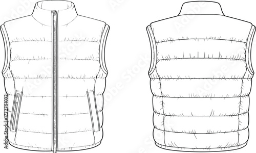 Puffer vest technical sketch, front and back view, quilted design, high collar, zipper closure, fashion template, apparel layout