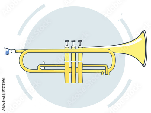 Illustration of a Yellow Trumpet on Pastel Background with Circle Graphic