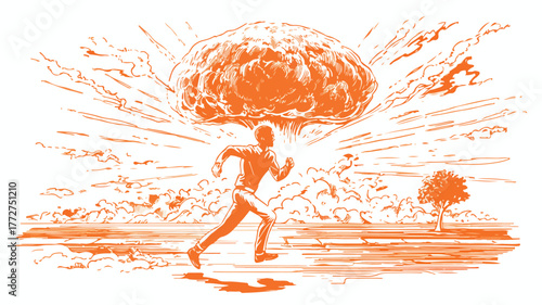 Fearful Man Running Away from Nuclear Explosion - Concept of Danger and Escaping
