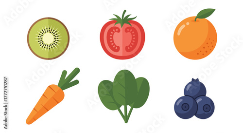 Colorful flat icons of fruits and vegetables with kiwi tomato carrot