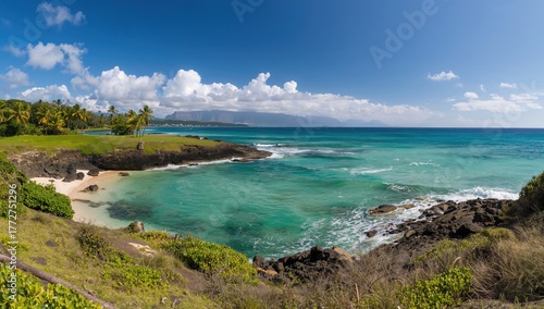 Fototapeta Naklejka Na Ścianę i Meble -  Scenic park overlooking a rugged coastline and azure sea