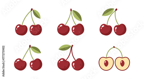 Flat style cherry collection with leaves and halves on white background