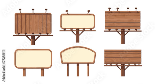 Wooden outdoor signboards collection with blank spaces for custom text