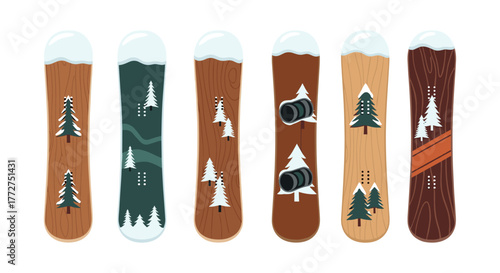 Set of flat style snowboards with winter designs and tree patterns