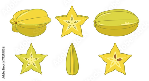 Fresh carambola fruit set in cartoon style with whole and cross-section views