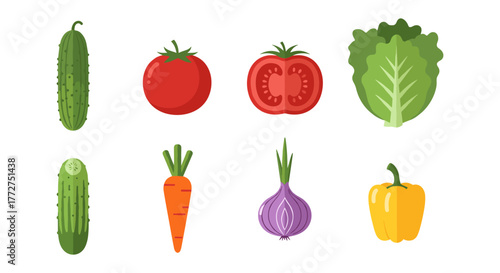 Fresh vegetable icons featuring cucumber, tomato, carrot, onion, lettuce, and bell pepper in flat design